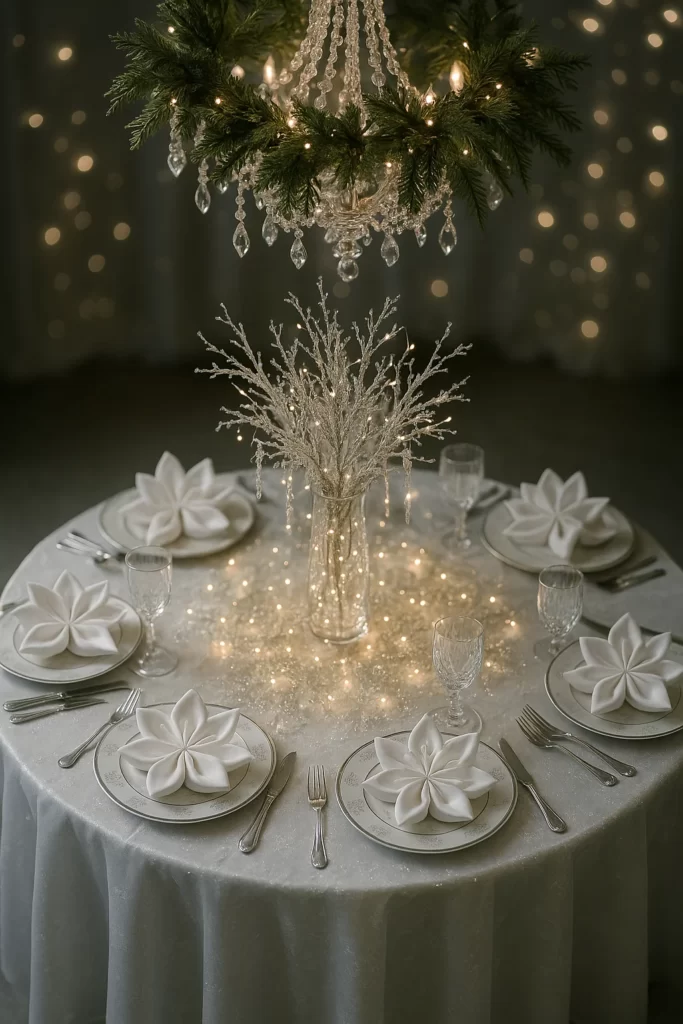 Elegant winter wedding chandelier with frosted decor elements.