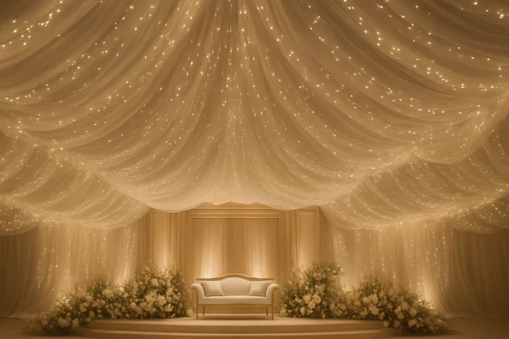 Fairy lights creating a cozy winter wedding atmosphere.