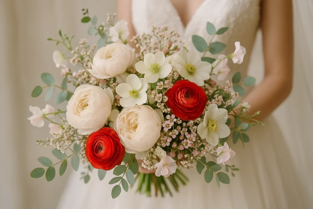 Winter bridal bouquet featuring seasonal flowers and foliage.