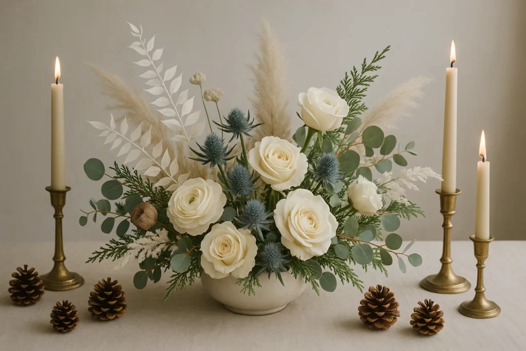 Winter wedding centerpiece with dried elements and seasonal greenery.