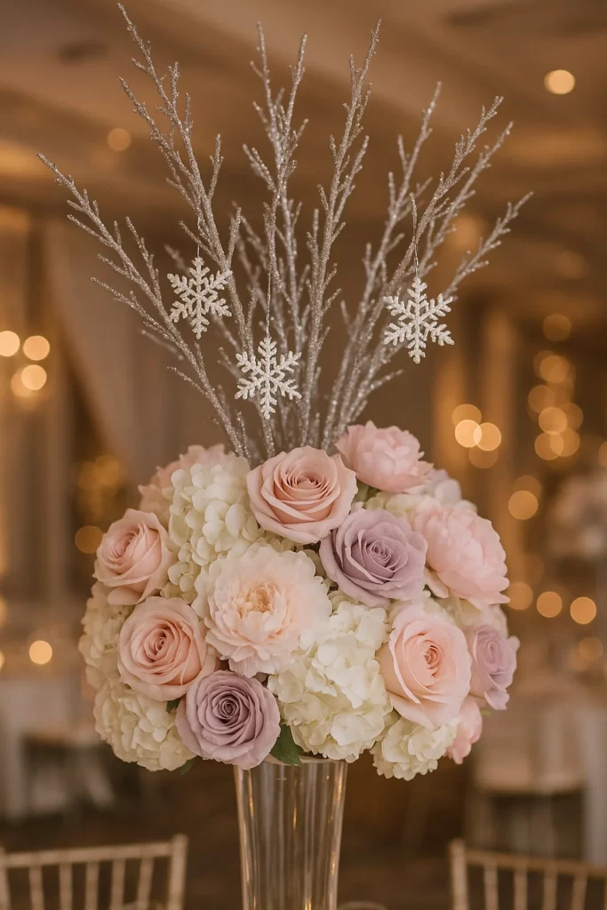 Frosted winter floral arrangement with pinecones and sparkle.