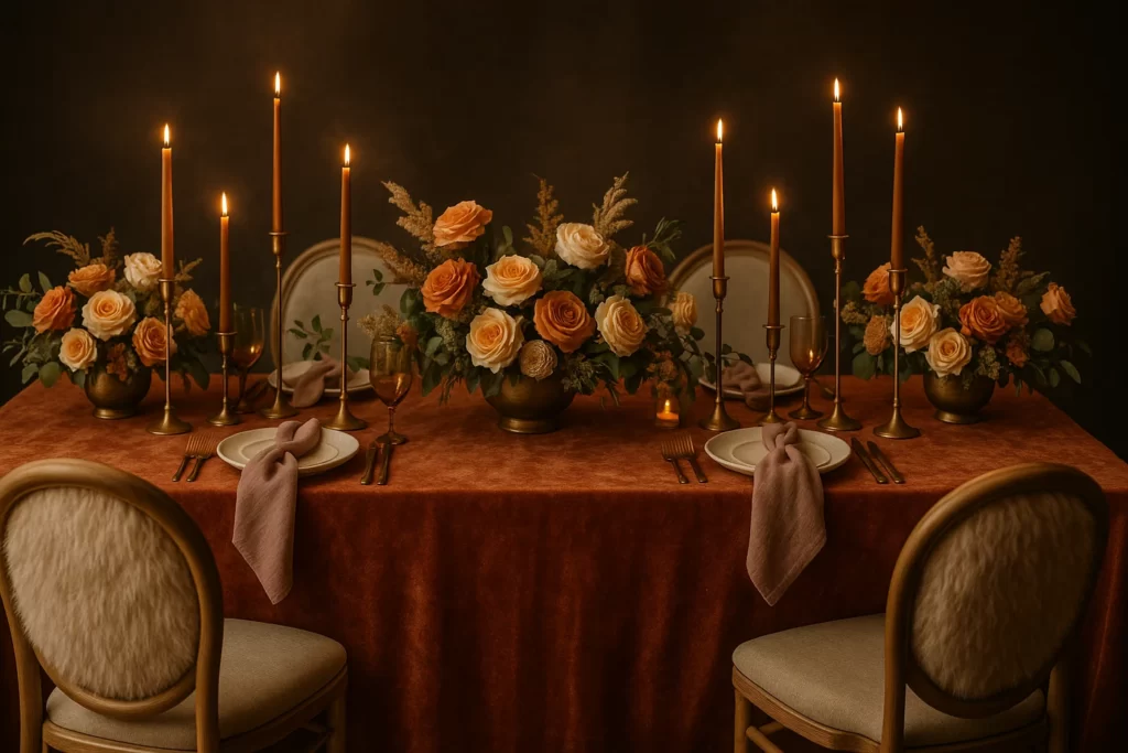 Winter wedding decor with velvet and faux fur accents.