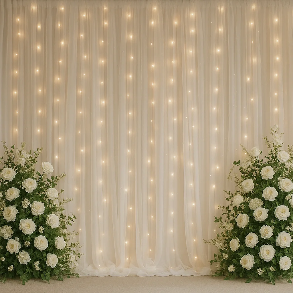 Winter wedding ceremony setup with white drapes and floral decor.