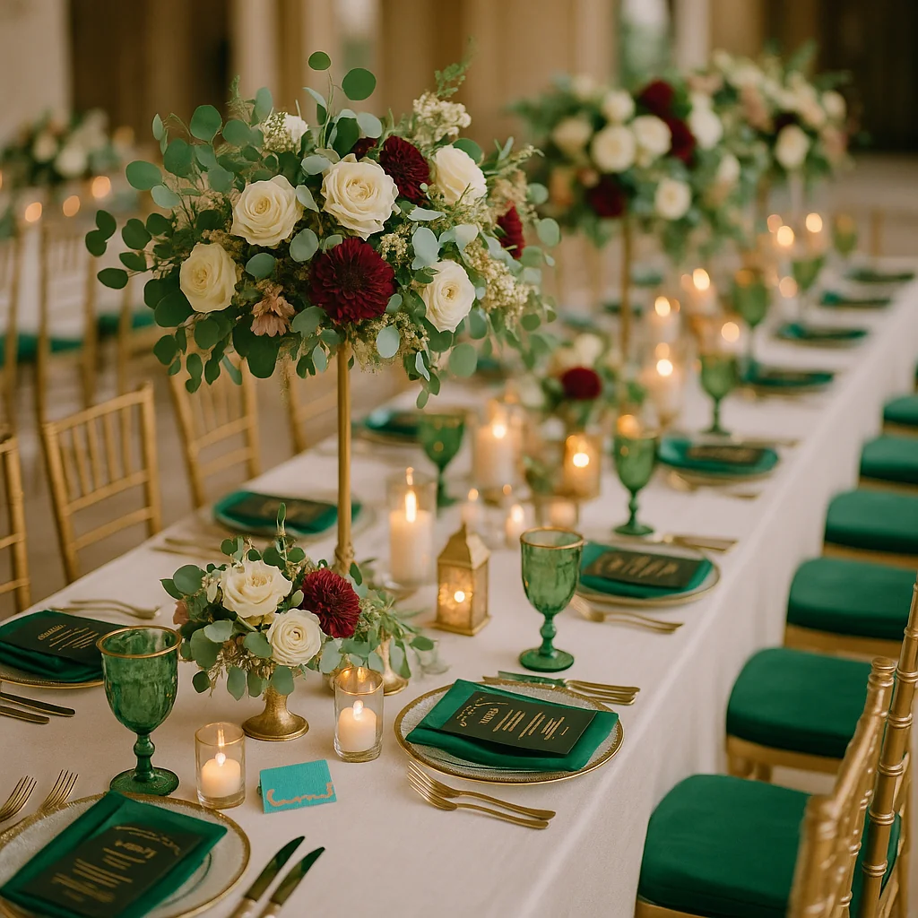 Winter wedding table setting with jewel-toned accents and gold details.