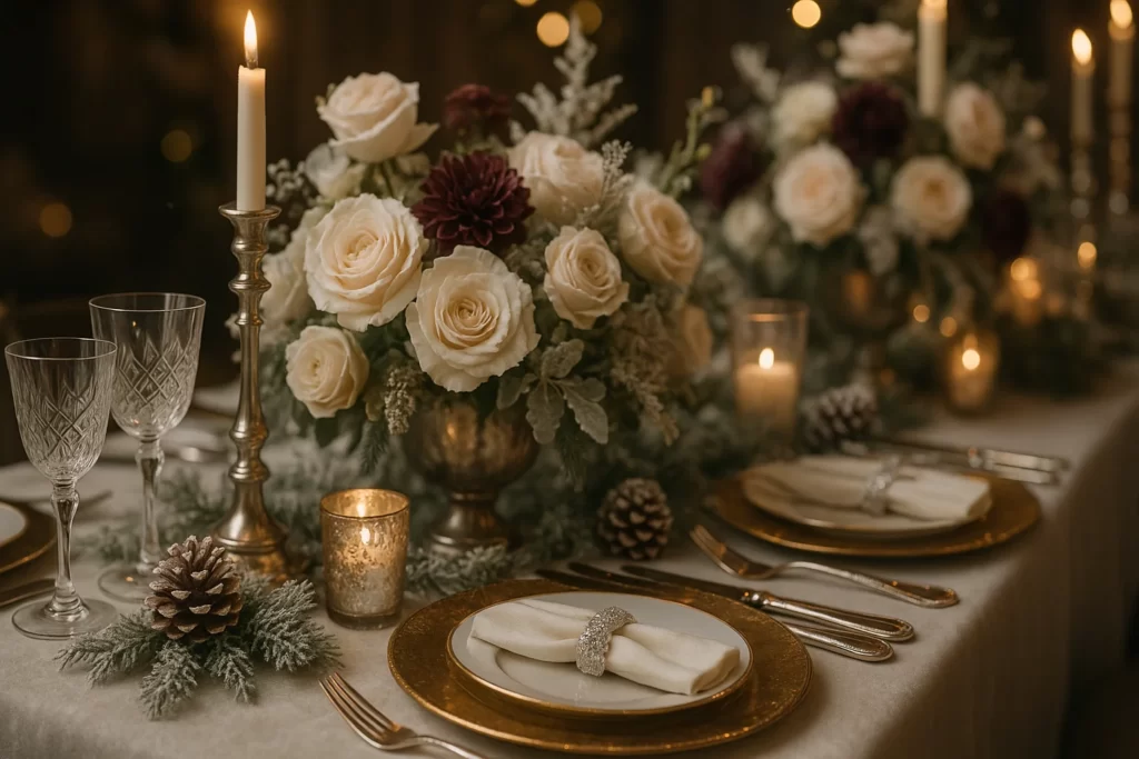 Winter wedding decor with metallic accents for a luxurious touch.