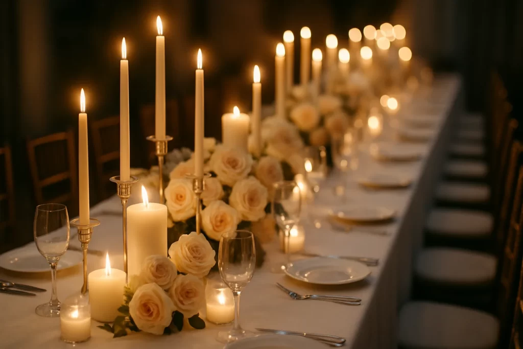 Romantic winter wedding table illuminated by candlelight.