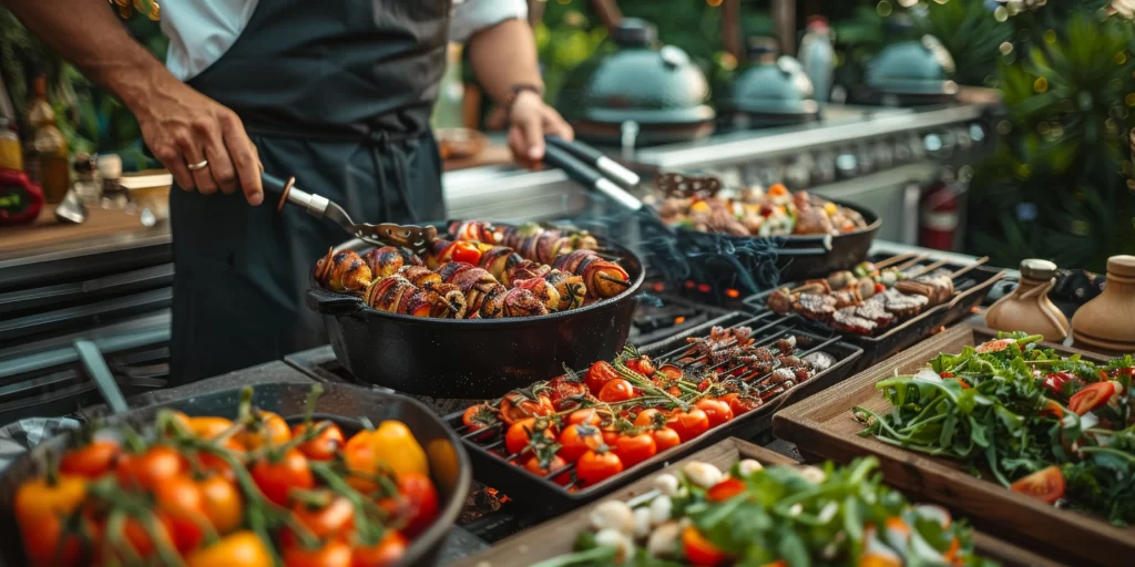 Catering Trends - Guests engaging at a live cooking station with a chef preparing interactive food dishes