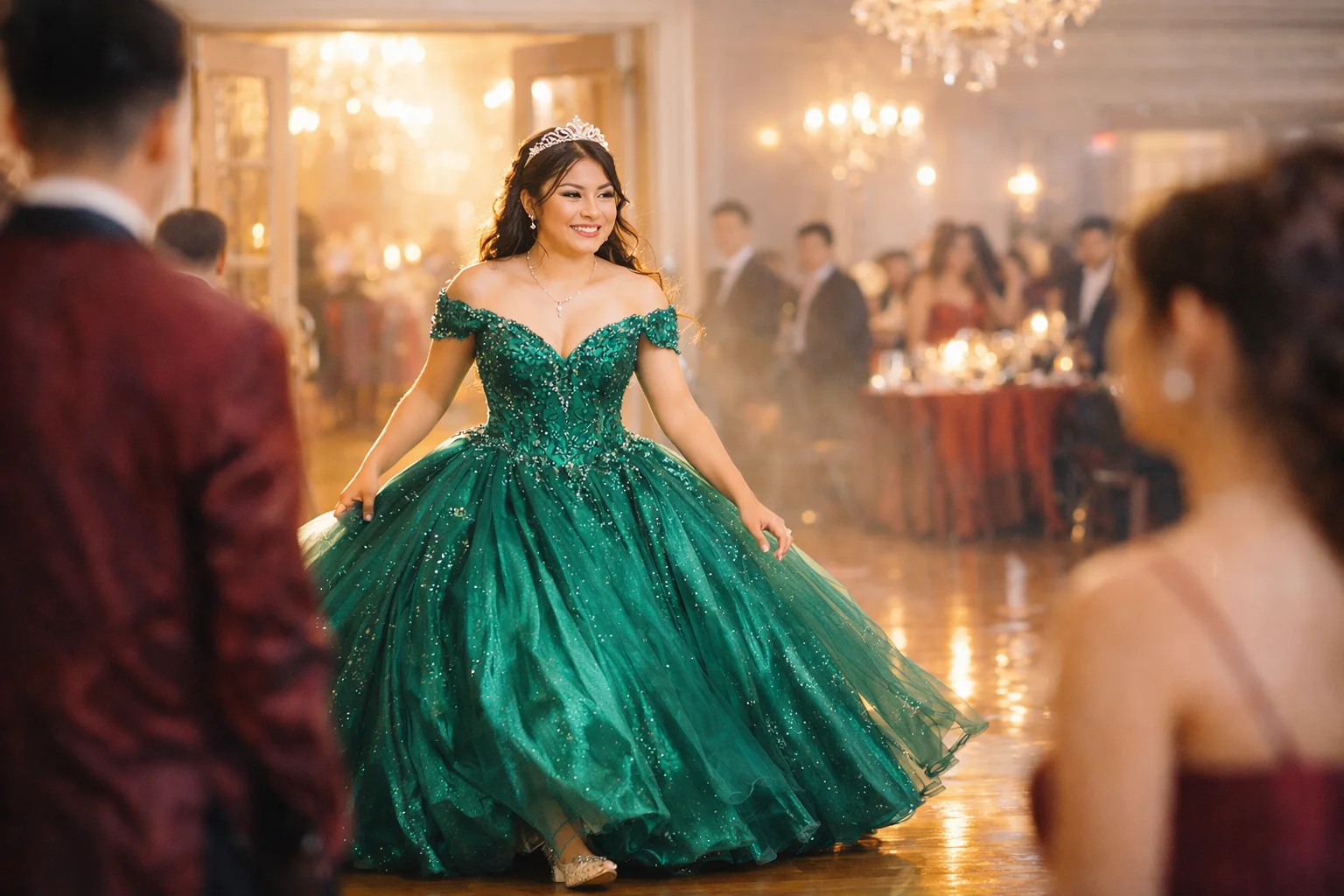 Dramatic quinceañera grand entrance in an elegant ballroom with cinematic lighting and emotional atmosphere