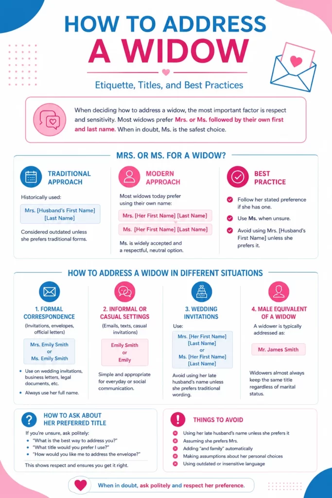 Infographic showing how to address a widow correctly with modern etiquette, including Mrs. vs. Ms., formal letter examples, wedding invitation etiquette, and common mistakes to avoid.