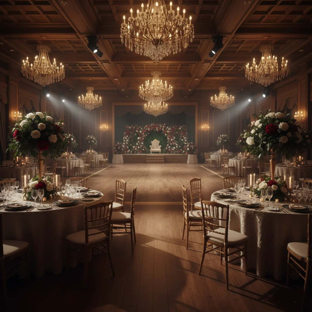 Modern quinceañera venue setup with elegant decor and dramatic lighting