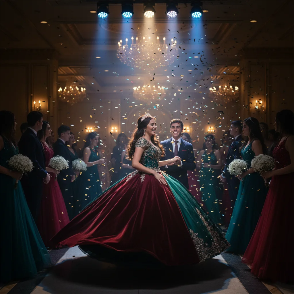 Lively quinceañera dance floor with guests celebrating under dramatic lighting