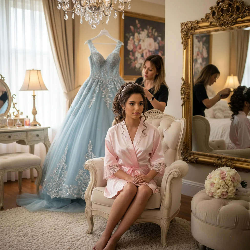 Quinceañera getting ready with hair and makeup in soft natural light