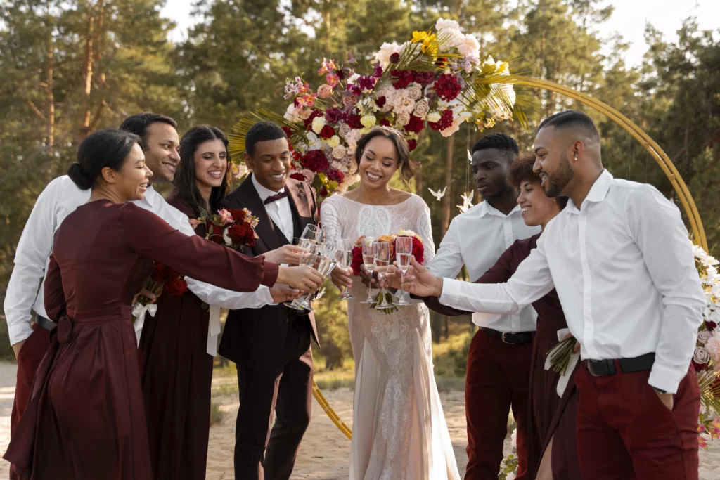 A simple courthouse wedding ceremony with a small group of guests.