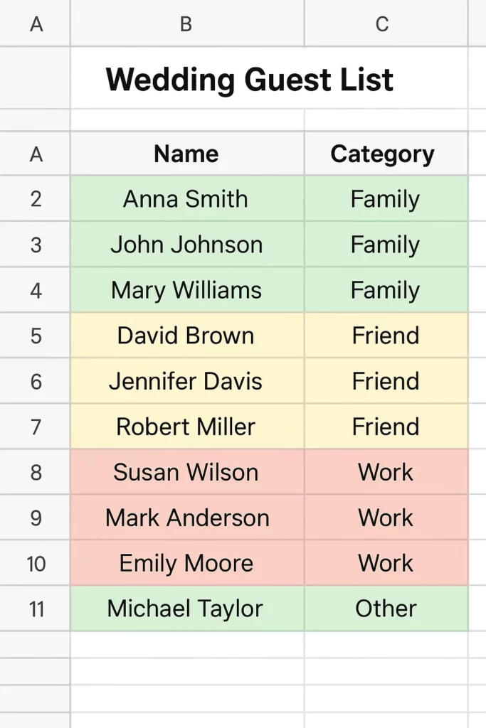 A digital spreadsheet with wedding guest names, color-coded for different categories. - Wedding Guest List