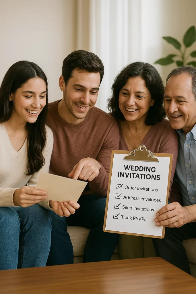 A family gathering, discussing wedding invitations with a checklist in hand.