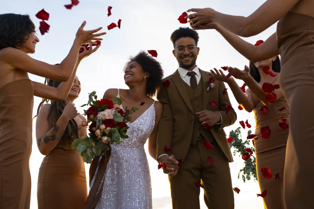 A happy wedding scene with guests celebrating.