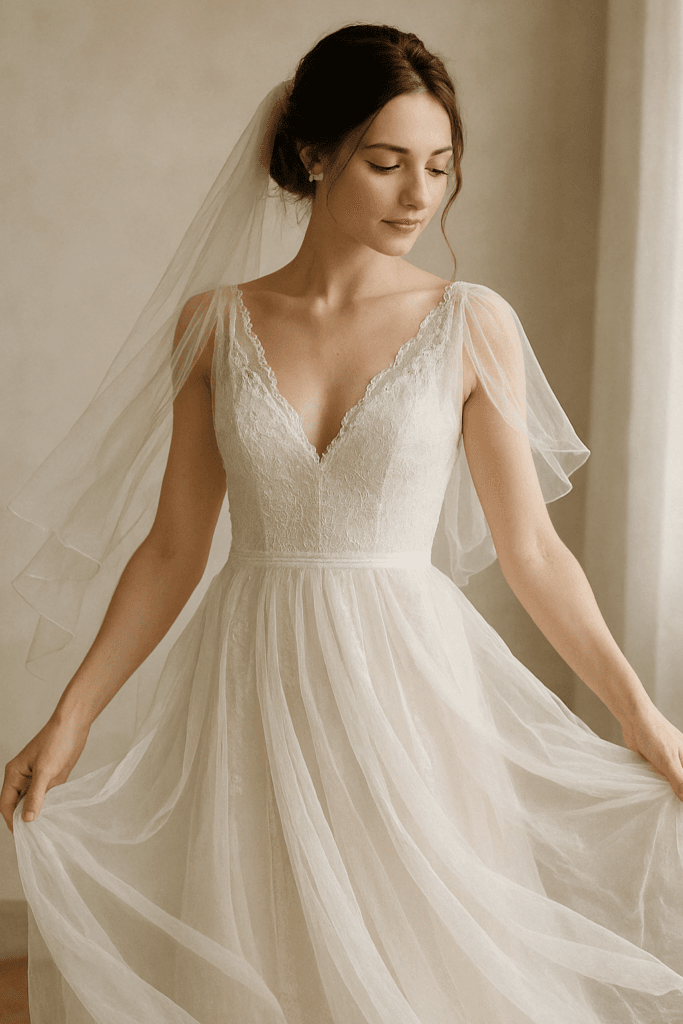 Bride wearing a flowing chiffon wedding dress, perfect for summer weddings.