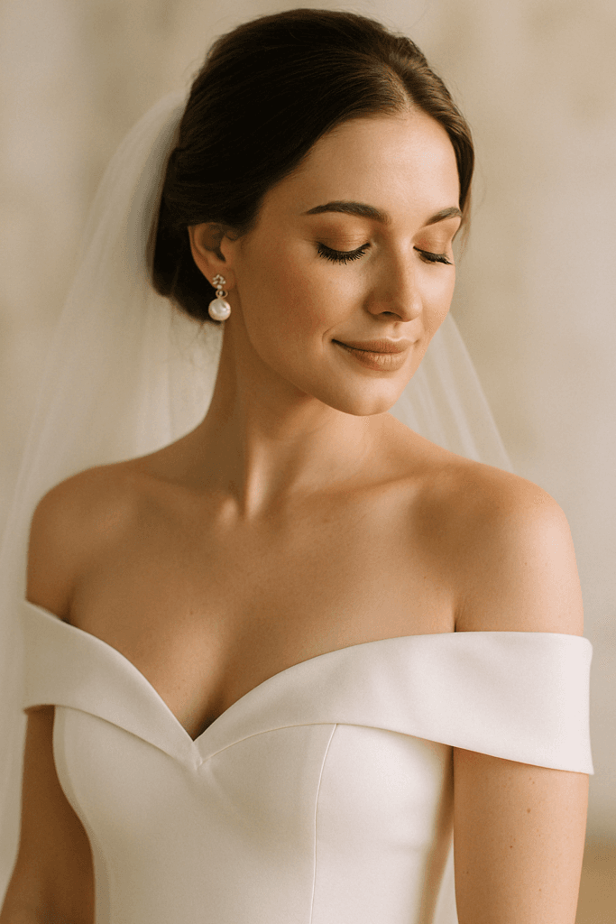 Elegant bride in an off-the-shoulder wedding dress, ideal for a summer wedding.
