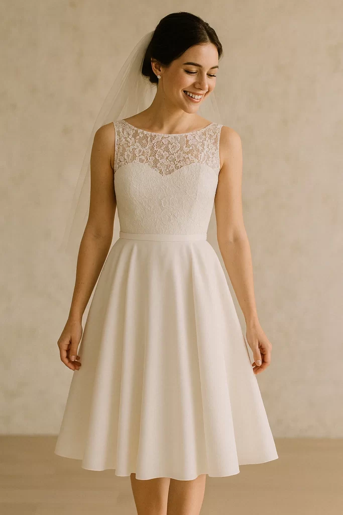 Bride in a knee-length wedding dress, perfect for a fun and stylish summer wedding.