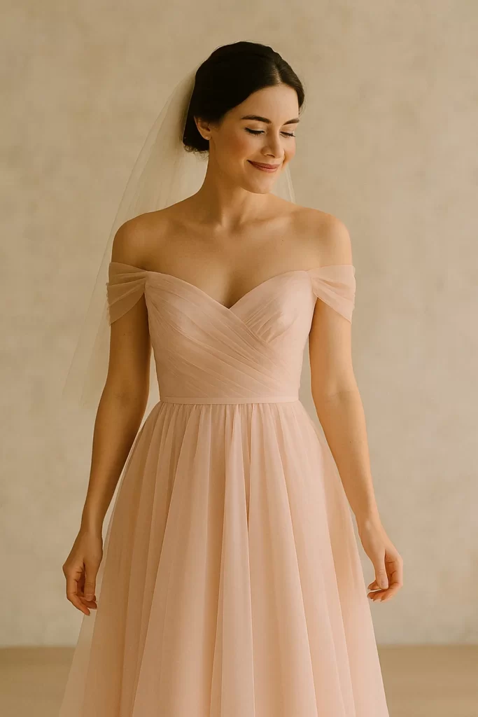Bride in a blush pink wedding dress with delicate lace details, ideal for a summer celebration.