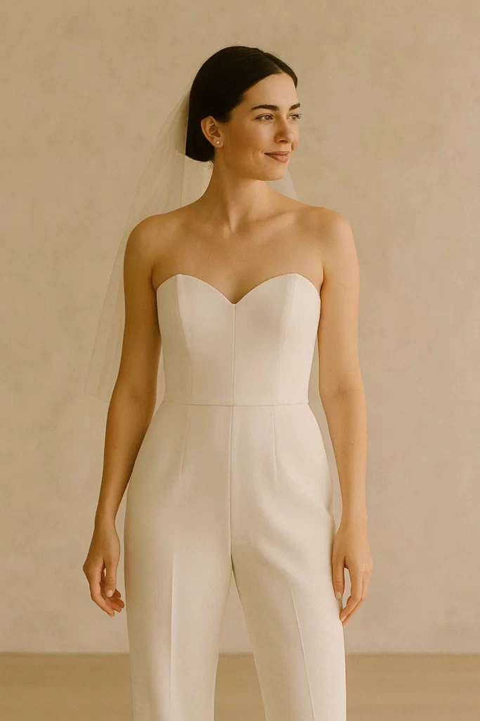 Modern bride in a chic white wedding jumpsuit, perfect for a summer wedding.