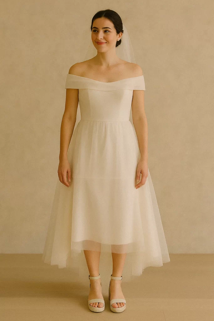 Bride wearing comfortable wedding sandals for a summer wedding.