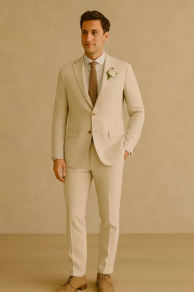 Groom in a light linen suit, ideal for a stylish summer wedding.
