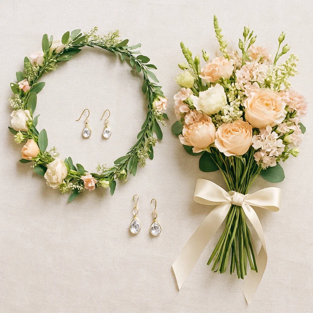 Bridal accessories including a floral crown and delicate jewelry for a summer wedding.