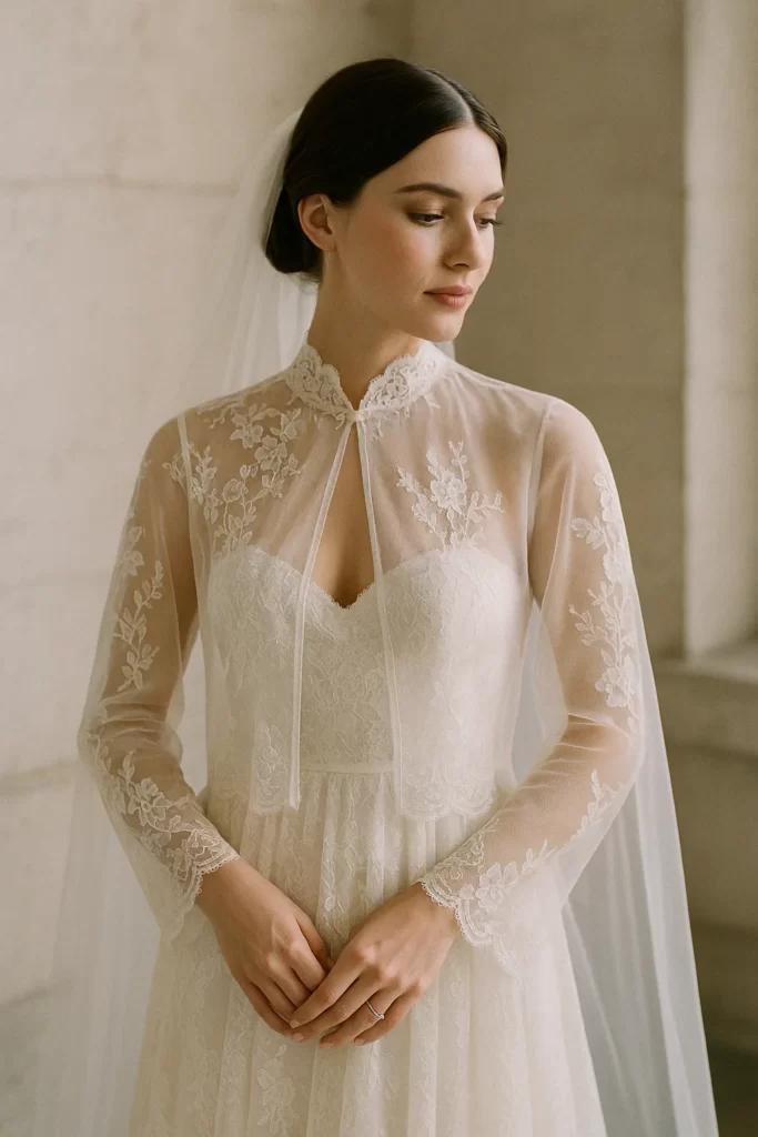 Bride wearing a lace bridal cape, adding elegance to a summer wedding dress.