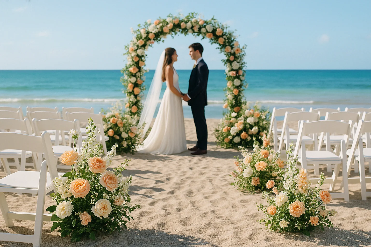 Beautiful outdoor summer wedding venue with a bride and groom celebrating their special day.