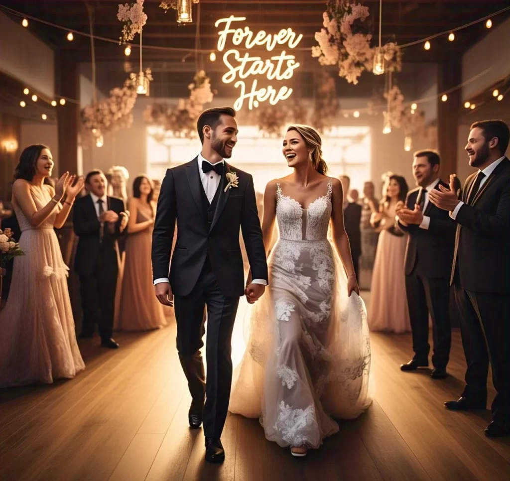 A bride and groom enter a stunning indoor wedding reception with cheering guests, glowing string lights, and a neon sign that says “Forever Starts Here.”