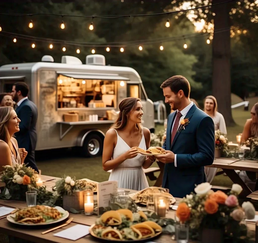 A wedding reception food truck station with guests enjoying tacos under fairy lights during a casual evening celebration.