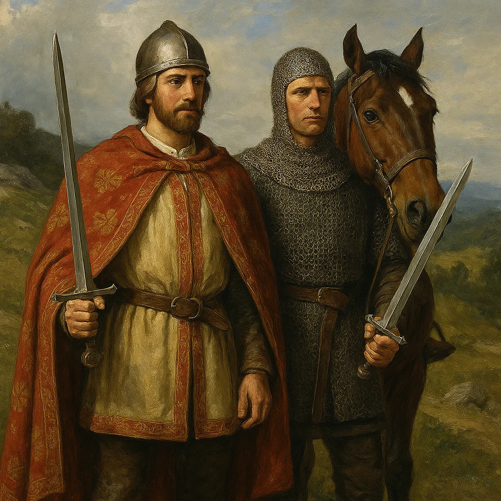 Medieval best man protecting the groom during a traditional ceremony