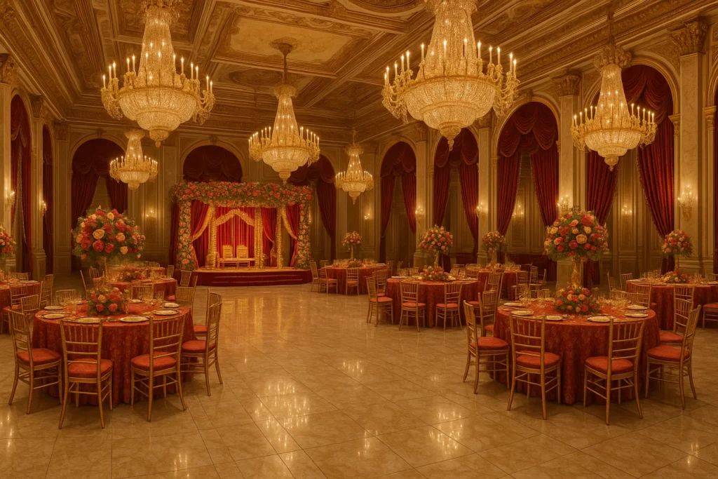 Royal Albert Palace Ballroom with grand wedding decor and lighting