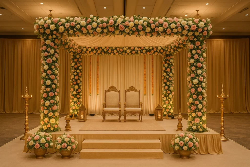 Floral wedding mandap inside Royal Albert Palace Mandap Hall