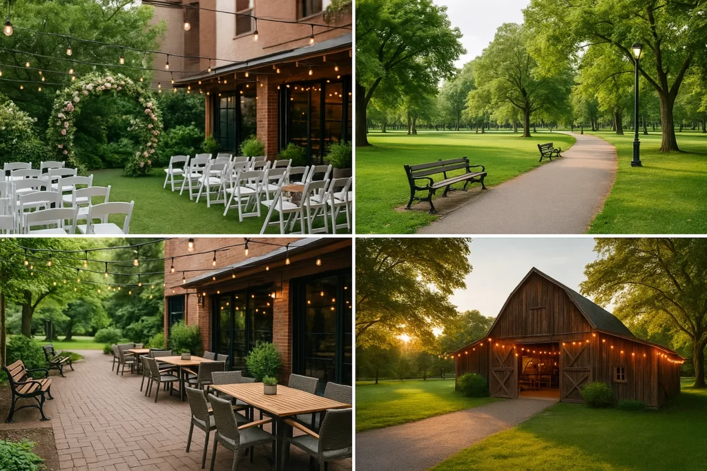 Spacious garden venue set up for an outdoor event with tables and chairs under a clear sky
