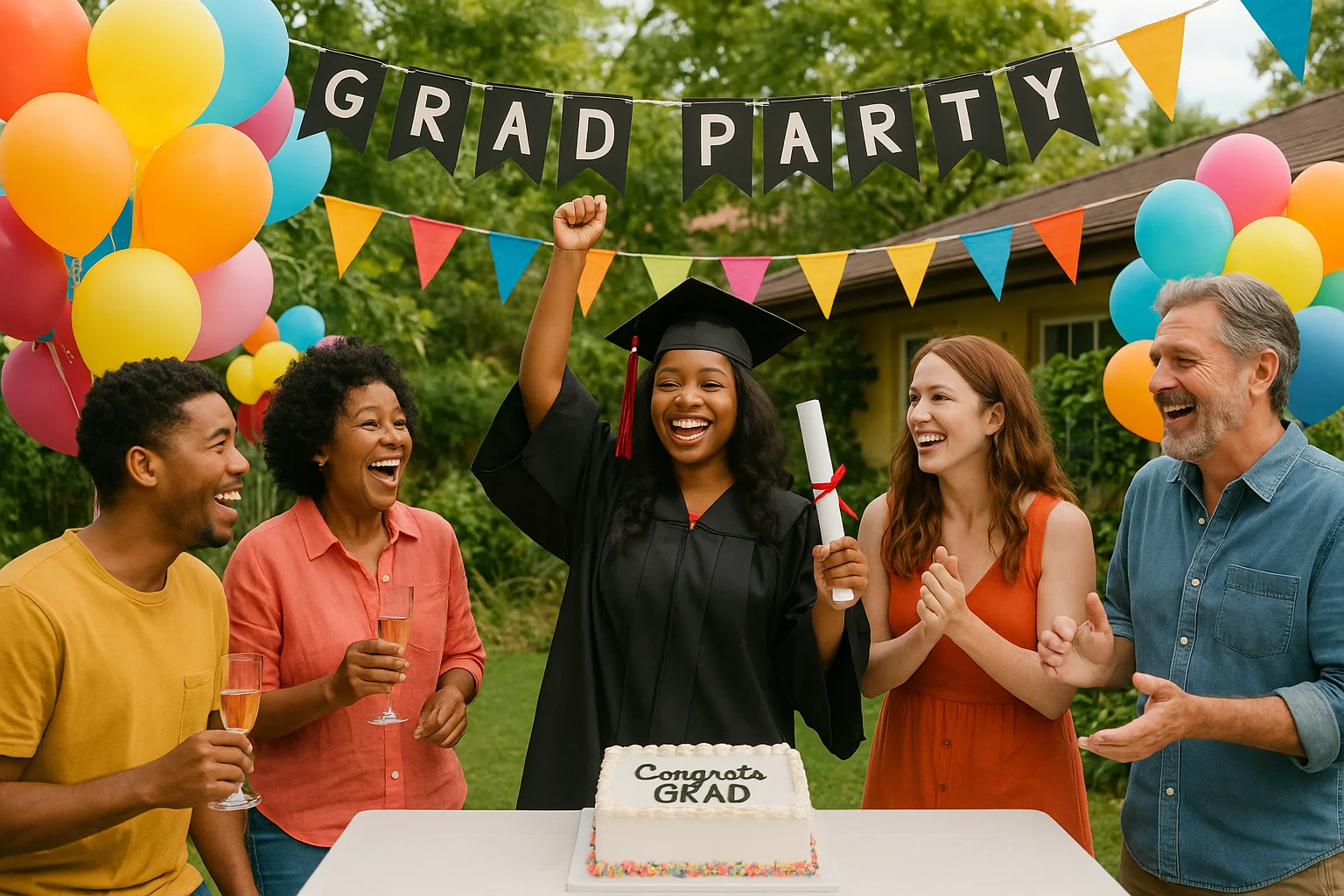 Friends and family celebrating a graduation party with balloons and decorations outdoors.