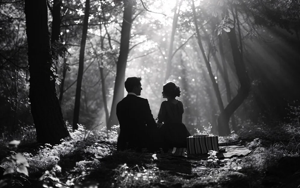 Dark and moody wedding photo with deep shadows and rich, atmospheric tones.