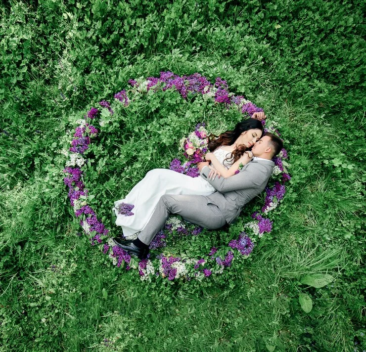 Aerial view of a wedding ceremony taken with a drone for a stunning perspective.