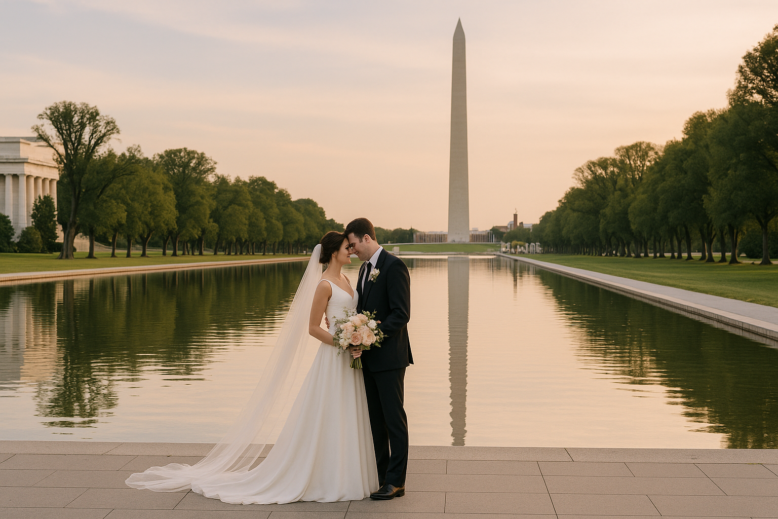 Elegant Washington DC wedding setup with cherry blossom accents and Capitol dome in the background