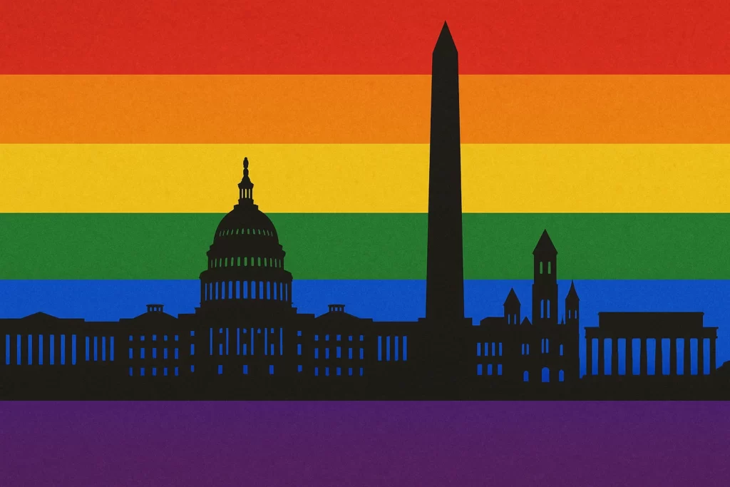 Washington DC skyline with Pride flag symbolizing inclusive event venues