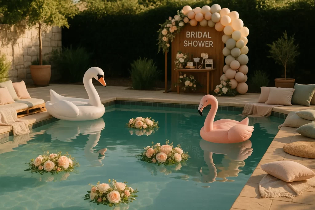Realistic poolside bridal shower photo with fresh floral floats, elegant swan and flamingo inflatables, muted balloon arch, cozy lounge seating, and a floral-decorated photo booth.