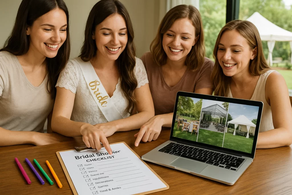 Bridal shower planning session with checklist, laptop, bridesmaids collaborating, and outdoor venue with tent backup plan in natural daylight.