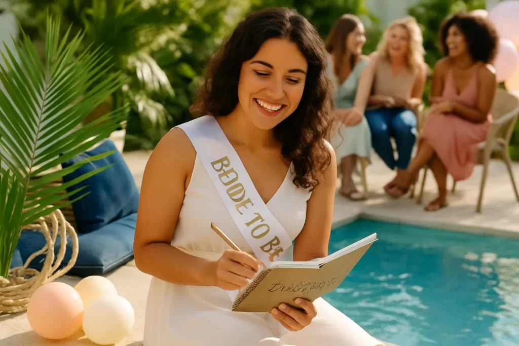 Bride-to-be planning poolside bridal shower with notebook, surrounded by tropical and nautical decor, friends enjoying sunny celebration atmosphere.