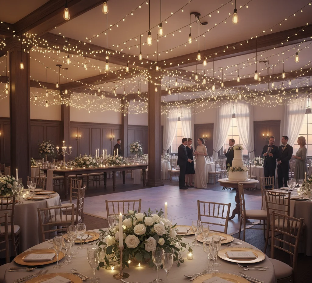 Romantic wedding ambiance with warm ambient lighting.