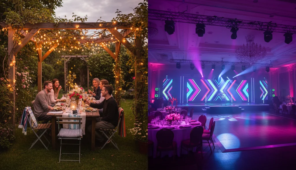 DIY string lights vs. professional event lighting setup.