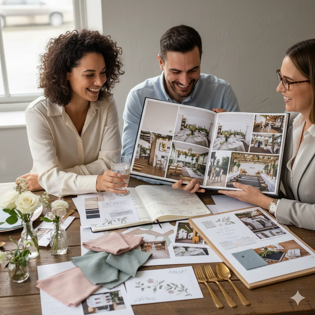 Couple reviewing wedding planner portfolio during consultation.