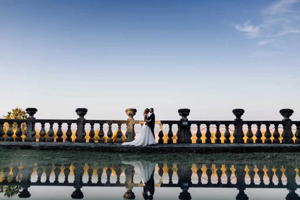 Wedding couple at sunset in Washington DC with elegant decor