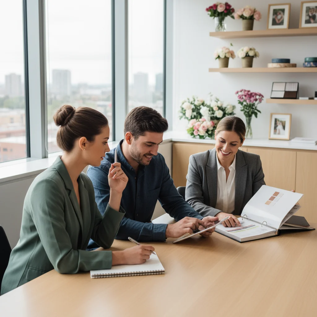 Couple discussing questions with wedding planner.