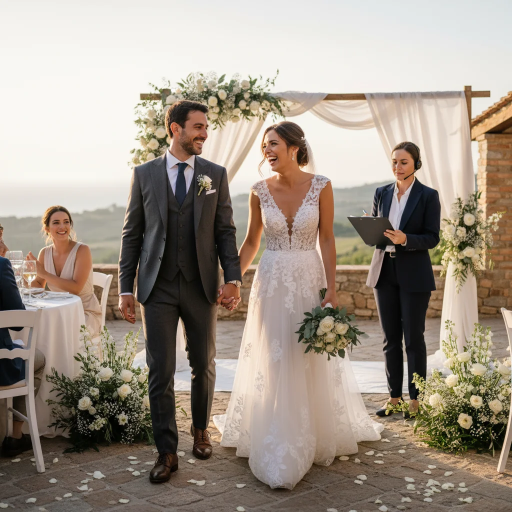 Happy couple enjoying their wedding day with planner overseeing event smoothly.